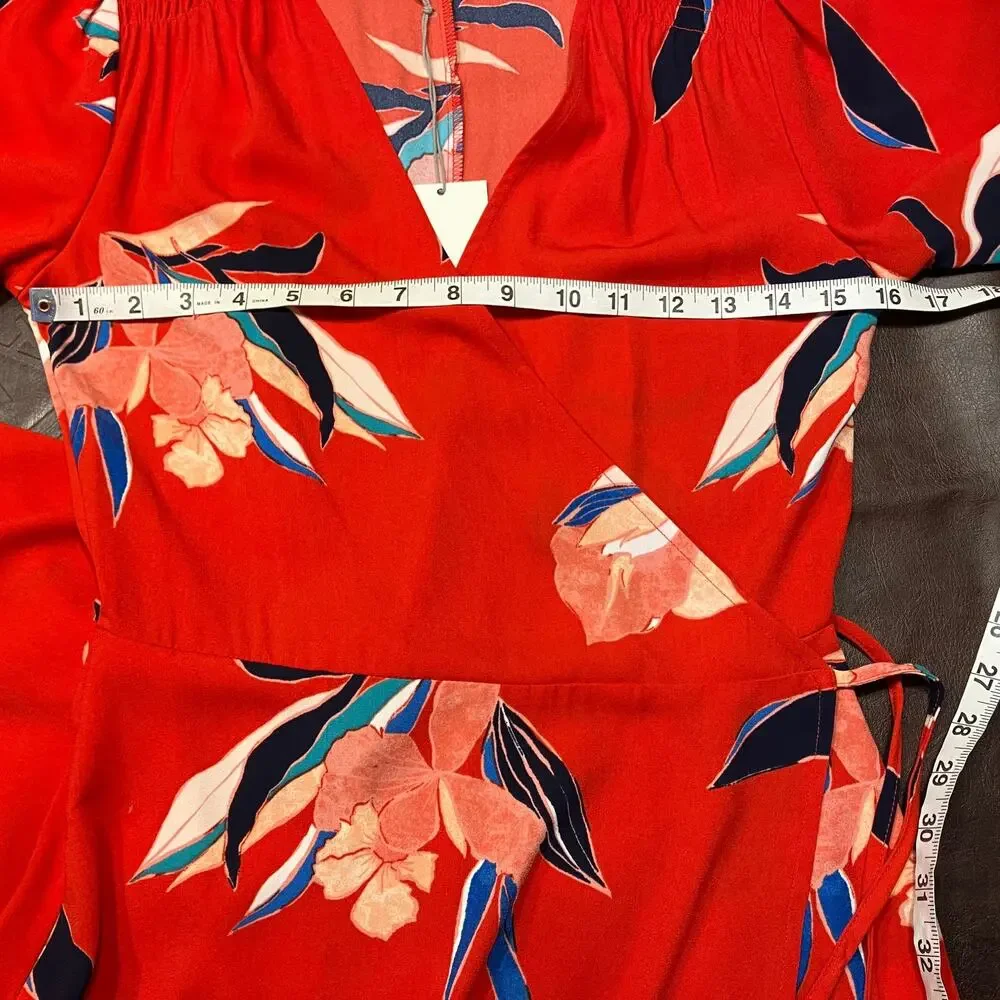 A New Day Red Floral Wrap Midi Dress XS Blue Pink‎ Tie Waist Short Sleeve New